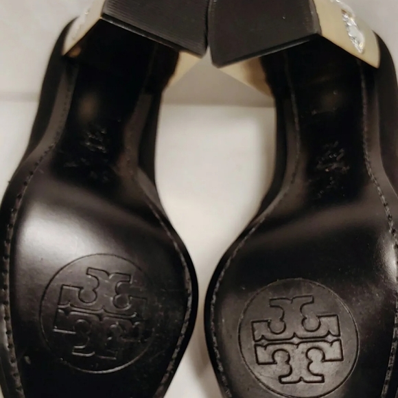 TORY BURCH Black Satin Round Toe/Gold Rhinestoned Block Hi-Heel Women's Size 7M - Picture 10 of 12